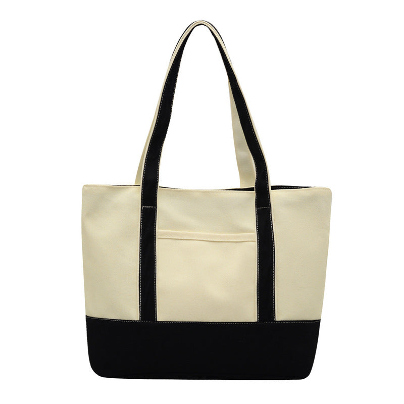 Custom Logo Color Block Mini Canvas Tote Bag with Zipper, Inner Outer Pockets, Contrast Handles