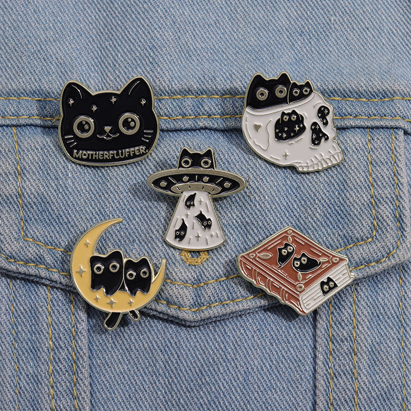 Creative Cute Book Cat Moon & Planet Enamel Pin Set | Cartoon Metal Brooch Collection | Apparel & Bag Accessories Wholesale