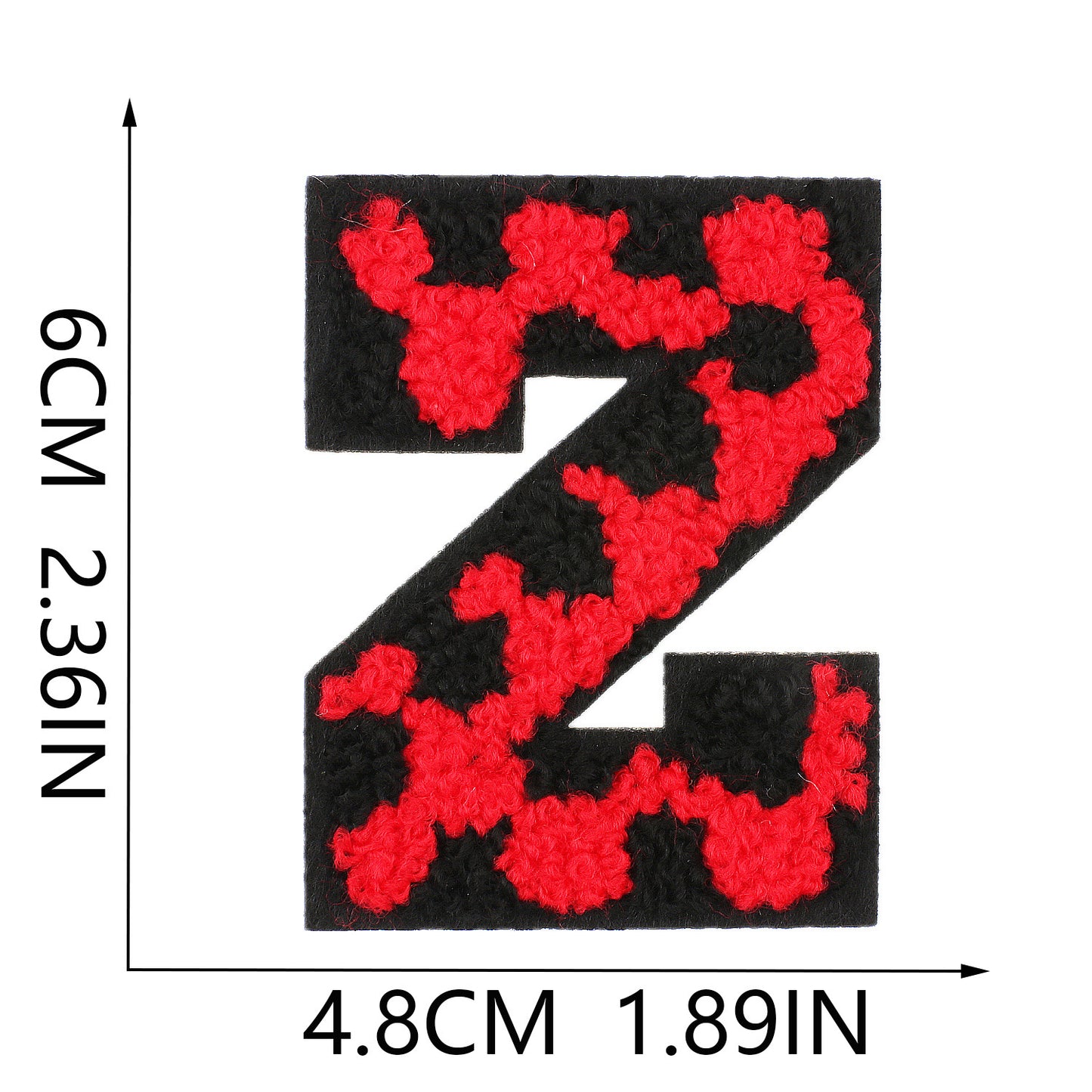 Iron-On Chenille Letter Patch – 6cm Tall, Black Base with Red Camo Dot Letter
