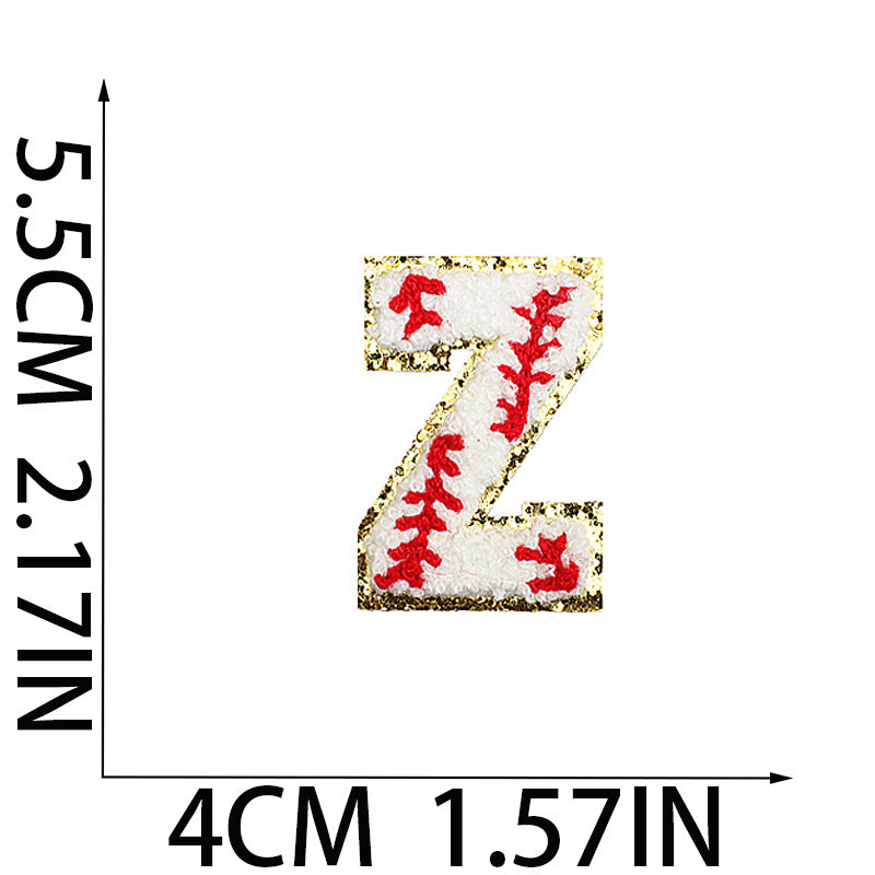 Iron-On Baseball Chenille Letter Patch – 5.5cm Tall, White/Red with Gold Glitter