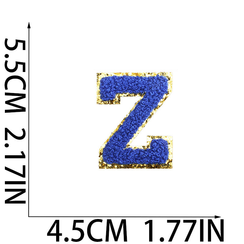 Iron-On Chenille Letter Patch – 5.5cm Tall, Navy Blue Letter with Gold Glitter Edge