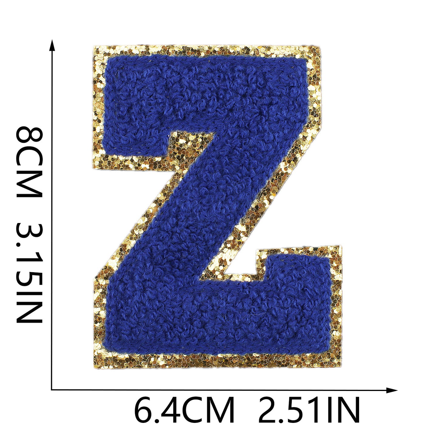 Iron-On Chenille Letter Patch – 8cm Tall, Navy Blue Letter with Gold Glitter Edge