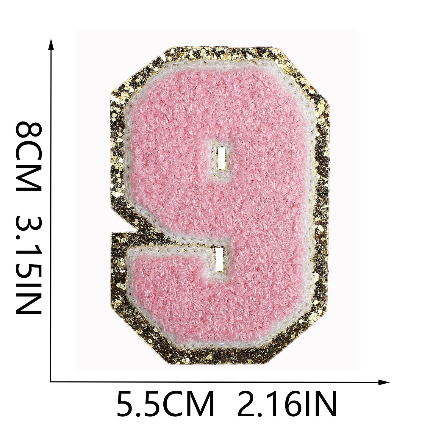 Iron-On Chenille Letter & Number Patch – 8cm Tall, Pink Letter with Gold Glitter Edge