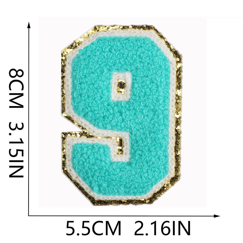 Iron-On Chenille Letter & Number Patch – 8cm Tall, Aqua Blue Letter with Gold Glitter Edge