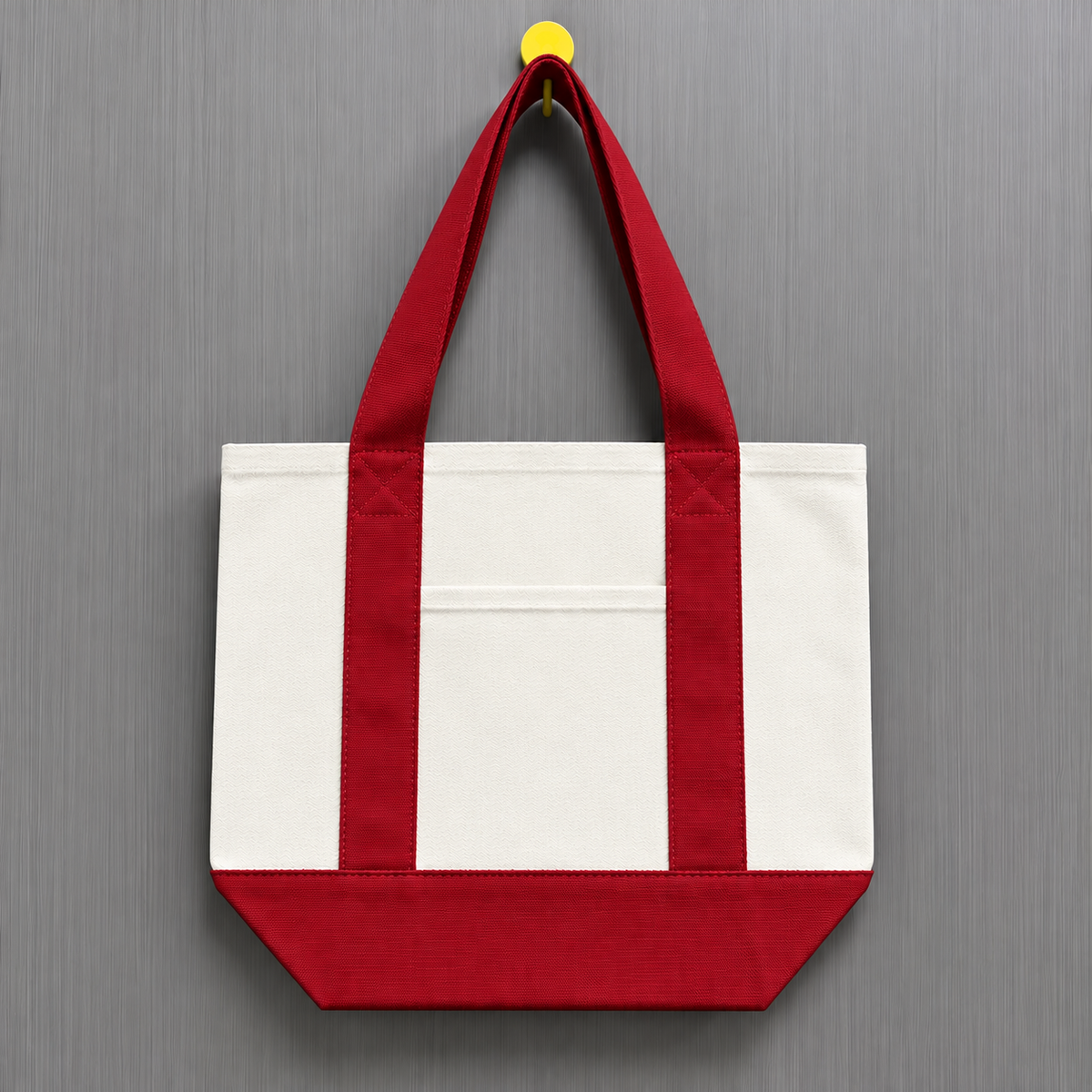 Red color block mini canvas tote bag with natural poly-cotton canvas body, red handles and matching bottom panel, ideal for DIY patches.