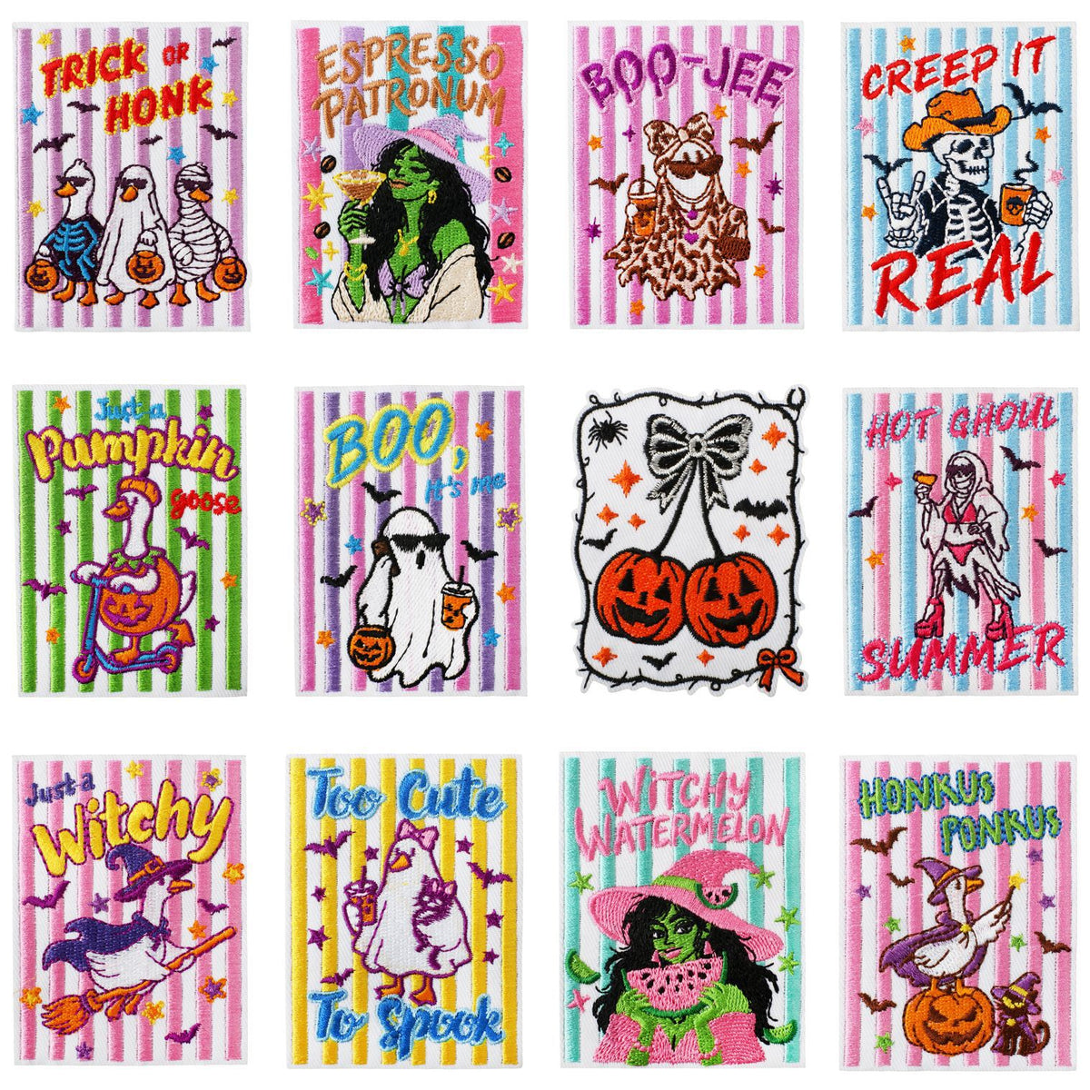 Cute & Funny Halloween Embroidered Patch Set – Ghost, Witch, Skeleton & Pumpkin Iron On Patches
