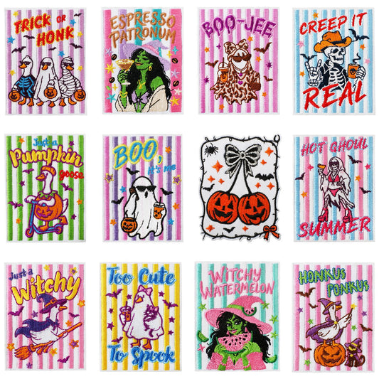 Cute & Funny Halloween Embroidered Patch Set – Ghost, Witch, Skeleton & Pumpkin Iron On Patches