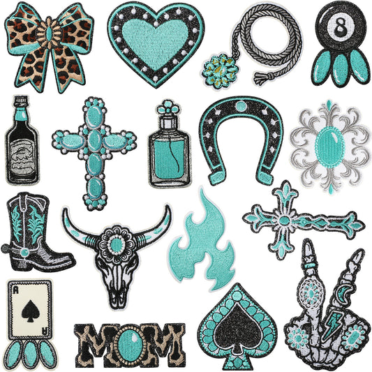 Agate Blue Denim Embroidered Leopard Print Bow Iron-On Patch
