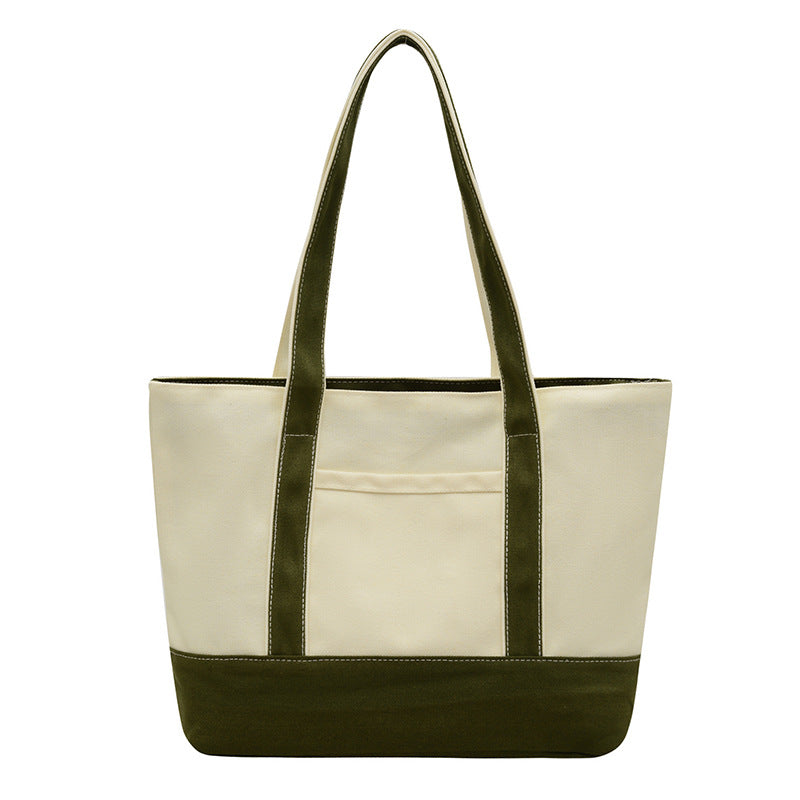 Custom Logo Color Block Mini Canvas Tote Bag with Zipper, Inner Outer Pockets, Contrast Handles