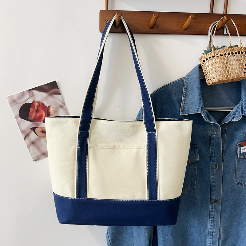 Custom Logo Color Block Mini Canvas Tote Bag with Zipper, Inner Outer Pockets, Contrast Handles