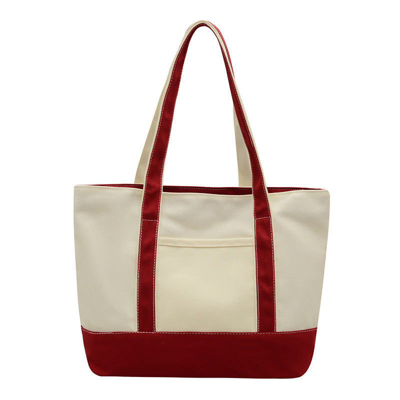 Custom Logo Color Block Mini Canvas Tote Bag with Zipper, Inner Outer Pockets, Contrast Handles