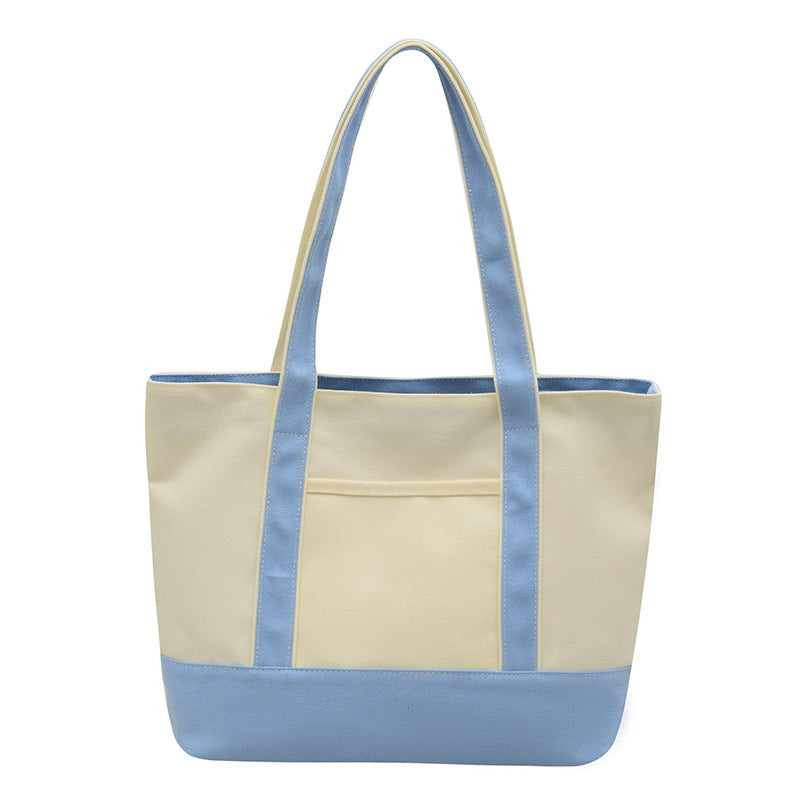 Custom Logo Color Block Mini Canvas Tote Bag with Zipper, Inner Outer Pockets, Contrast Handles