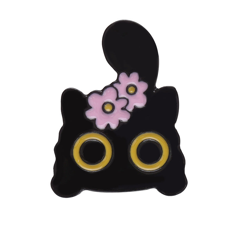 Creative Black Floral Cat Enamel Pin Set | Metal Brooch Collection | Eco-Friendly Apparel Accessories Wholesale