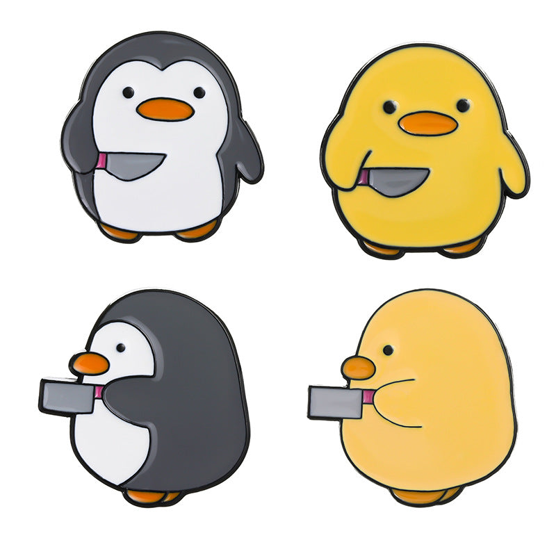 Creative Cute Penguin & Yellow Duck Enamel Pin Set | Cartoon Animal Metal Brooch Collection | Bag & Apparel Accessories Wholesale
