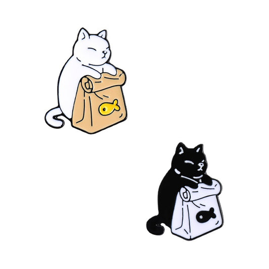 Cute Black & White Cat Enamel Pin | Minimalist Cartoon Cat Food Alloy Brooch | Apparel & Bag Accessories Wholesale
