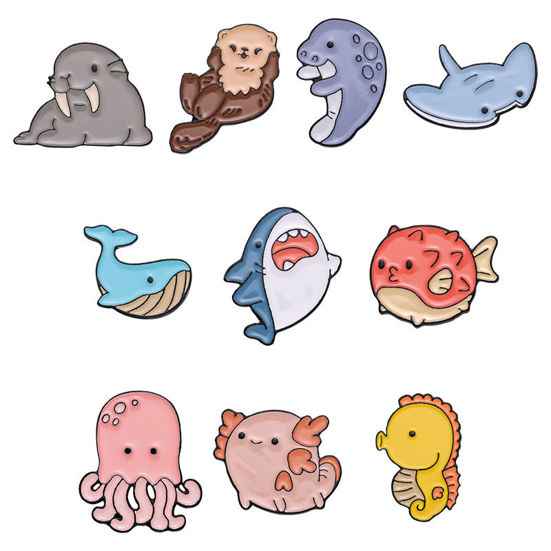 Creative Cute Ocean Animals Enamel Pin Set (Shark, Whale, Seahorse, Jellyfish) | Metal Brooch Collection | Eco-Friendly Apparel Accessories Wholesale