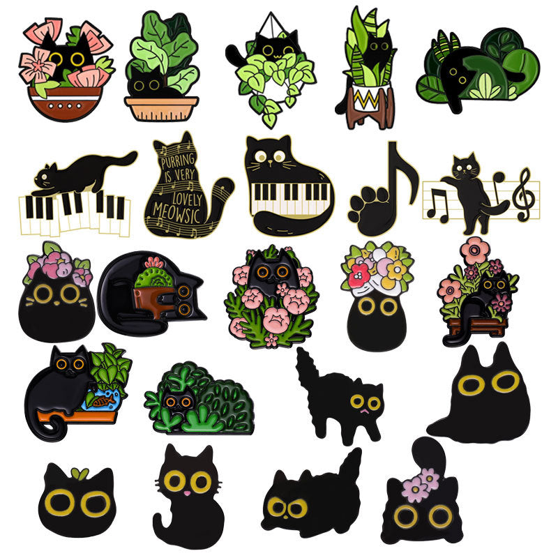 Creative Black Floral Cat Enamel Pin Set | Metal Brooch Collection | Eco-Friendly Apparel Accessories Wholesale