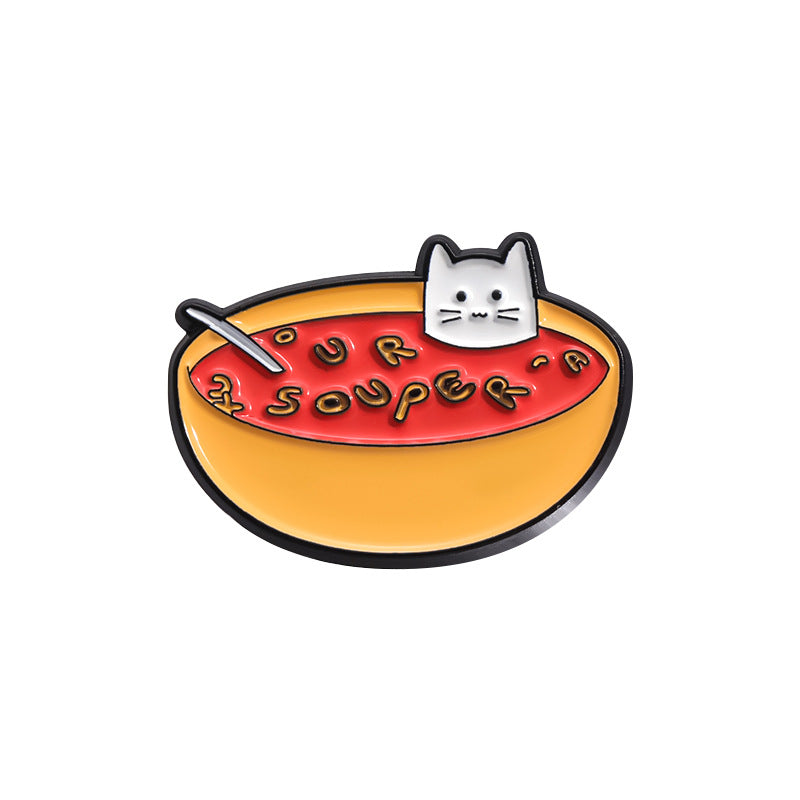 Cute White Cat Animal Enamel Pin | Cat Food Design with Fries & Donut
