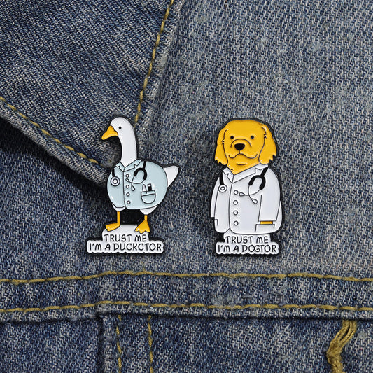Creative Cute Medical Duck & Dog Enamel Pin Set | Metal Brooch Collection | Eco-Friendly Apparel Accessories Wholesale