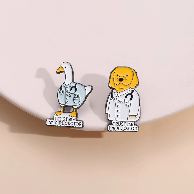 Creative Cute Medical Duck & Dog Enamel Pin Set | Metal Brooch Collection | Eco-Friendly Apparel Accessories Wholesale