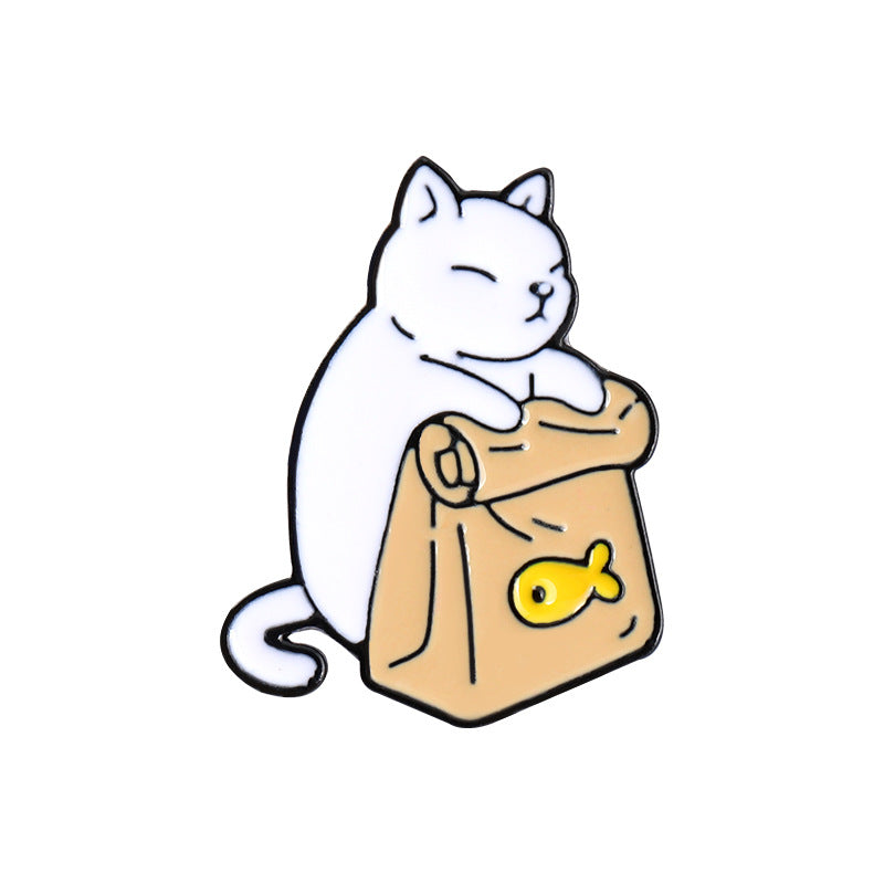 Cute Black & White Cat Enamel Pin | Minimalist Cartoon Cat Food Alloy Brooch | Apparel & Bag Accessories Wholesale