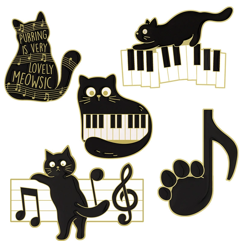 Creative Black Floral Cat Enamel Pin Set | Metal Brooch Collection | Eco-Friendly Apparel Accessories Wholesale
