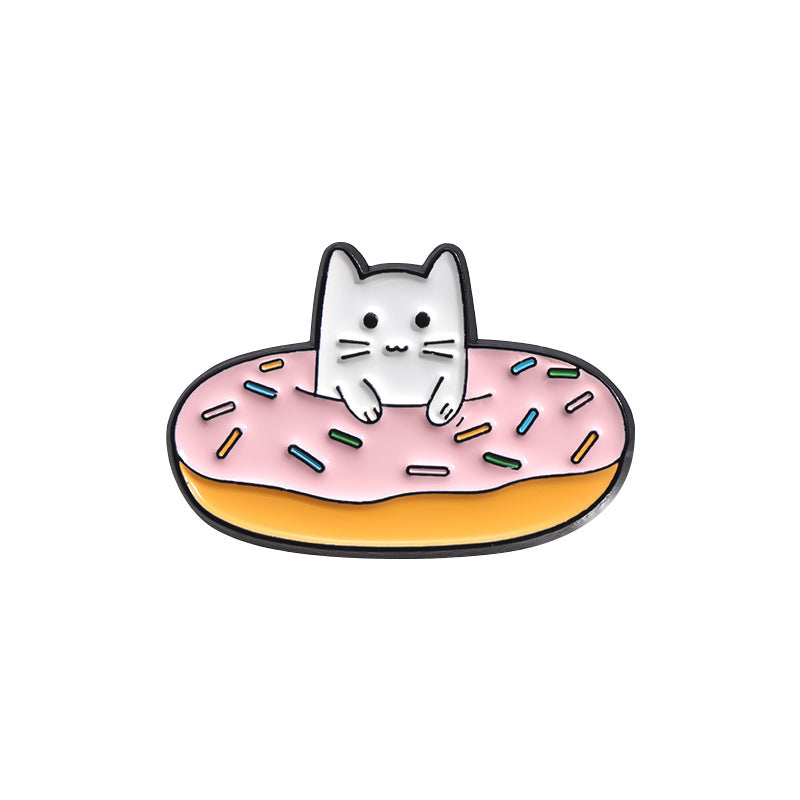 Cute White Cat Animal Enamel Pin | Cat Food Design with Fries & Donut