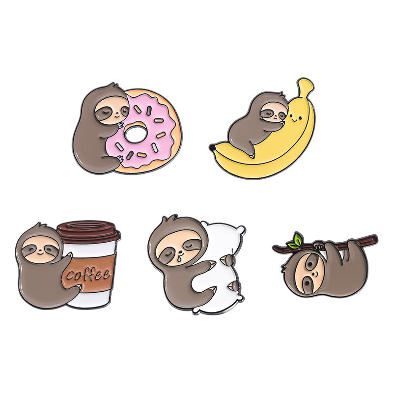 Cute Animal Sloth Enamel Pin | New Cross-Border Collection | Fruit, Banana, Coffee & Donut Metal Badg