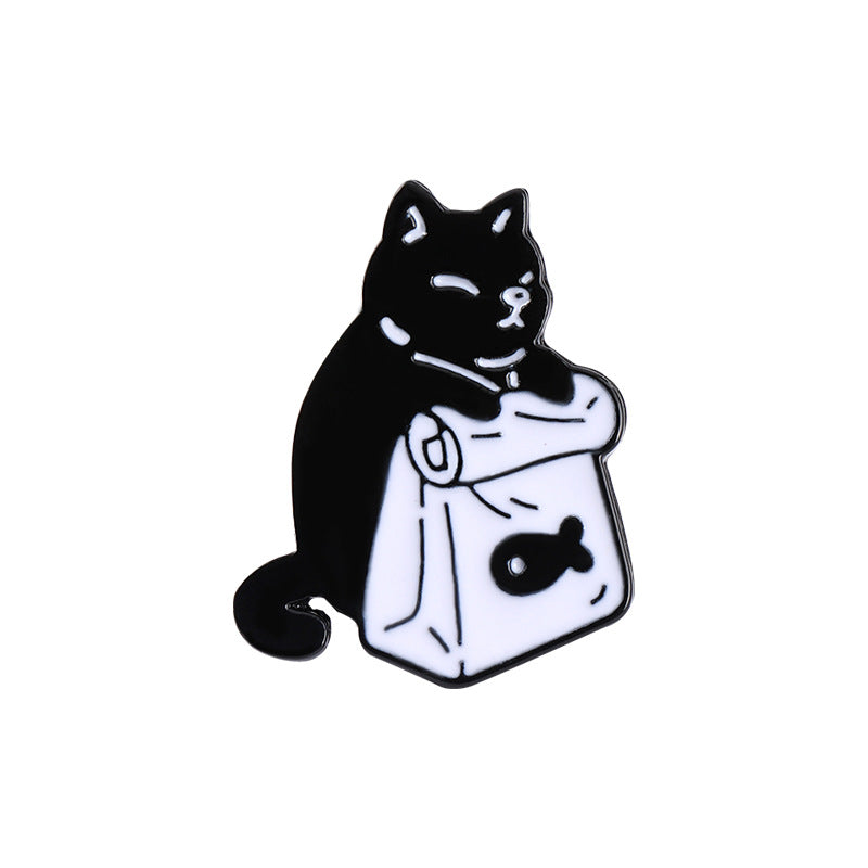 Cute Black & White Cat Enamel Pin | Minimalist Cartoon Cat Food Alloy Brooch | Apparel & Bag Accessories Wholesale