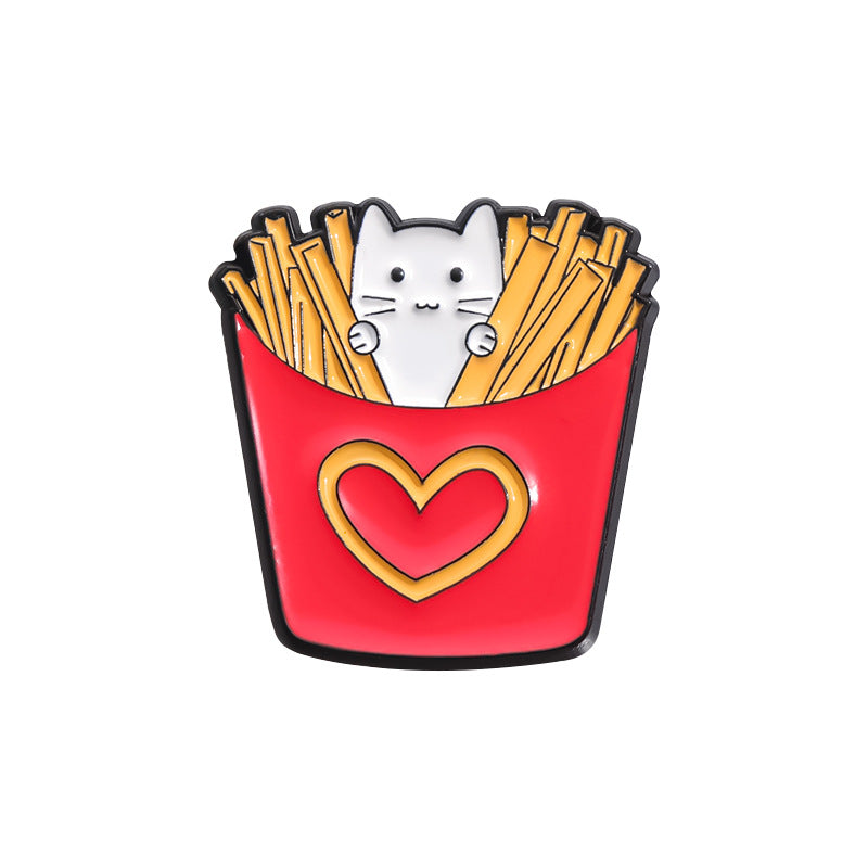 Cute White Cat Animal Enamel Pin | Cat Food Design with Fries & Donut