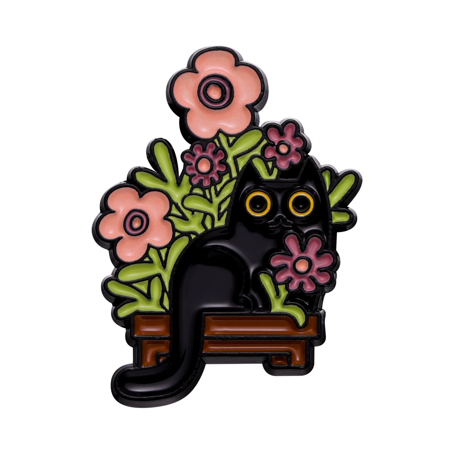 Creative Black Floral Cat Enamel Pin Set | Metal Brooch Collection | Eco-Friendly Apparel Accessories Wholesale