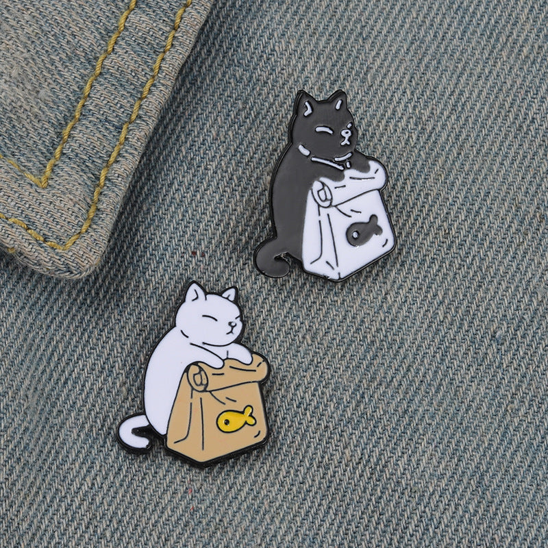 Cute Black & White Cat Enamel Pin | Minimalist Cartoon Cat Food Alloy Brooch | Apparel & Bag Accessories Wholesale