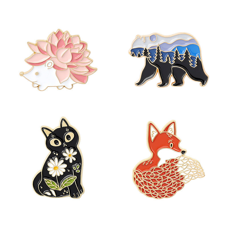 Creative Cute Cartoon Animal Enamel Pin Set | Red Fox, Black Cat & Hedgehog Metal Brooch Collection | Apparel & Bag Accessories Wholesale