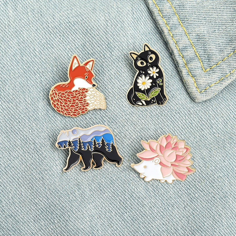 Creative Cute Cartoon Animal Enamel Pin Set | Red Fox, Black Cat & Hedgehog Metal Brooch Collection | Apparel & Bag Accessories Wholesale