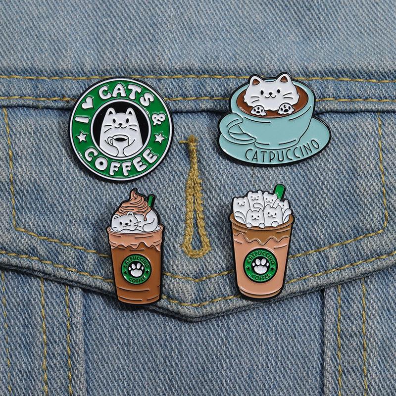 Best-Selling Cartoon Cat Ice Cream & Coffee Enamel Pin | Alloy Painted Metal Brooch | Apparel & Dress Accessories Wholesale