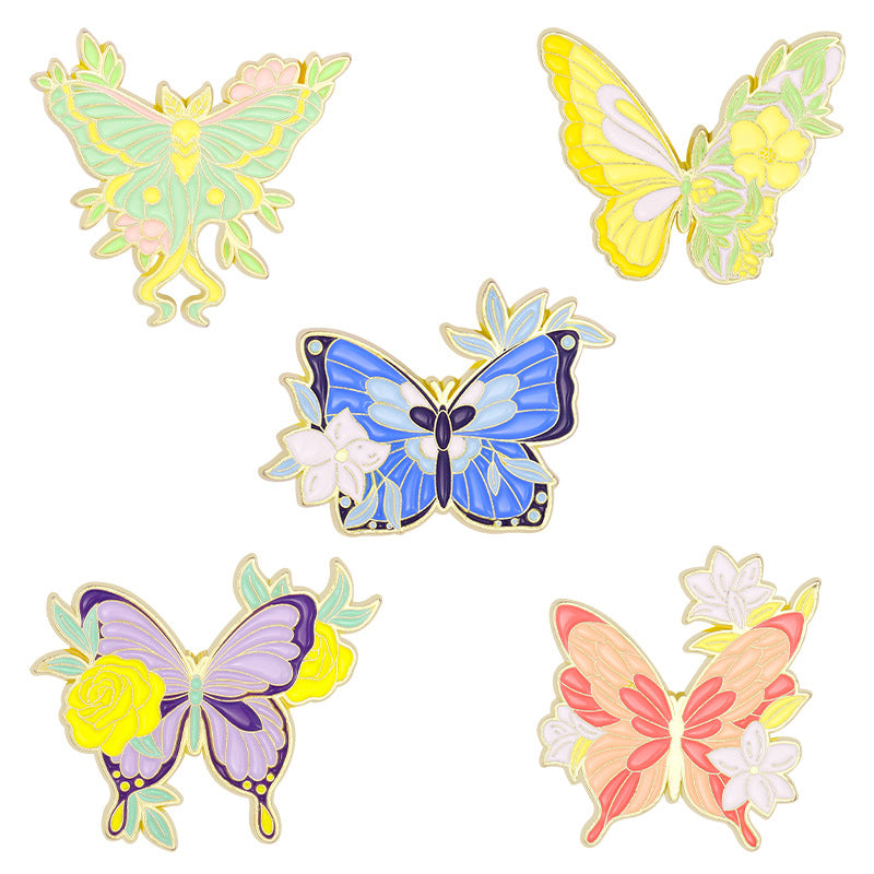 Creative Floral Glazed Lily & Colorful Butterfly Enamel Pin Set | Artistic Metal Brooch Collection | Apparel & Scarf Accessories Wholesale