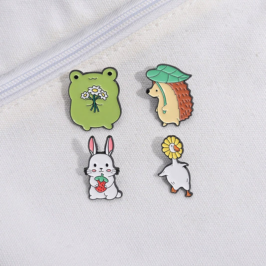 Creative Cute Hedgehog, Rabbit, Frog & Goose Enamel Pin Set | Cartoon Animal Metal Brooch Collection | Apparel & Lapel Accessories Wholesale