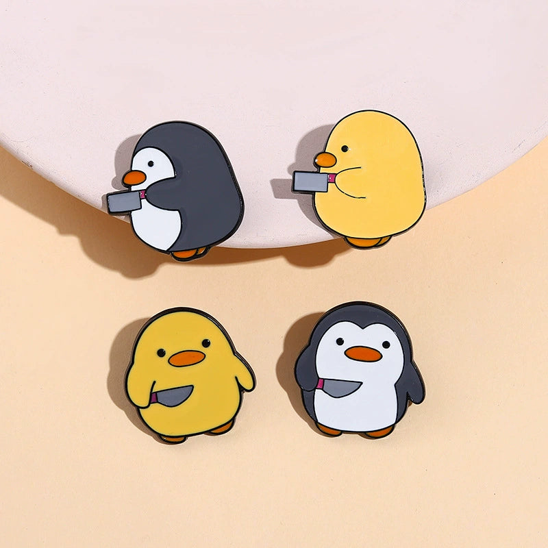 Creative Cute Penguin & Yellow Duck Enamel Pin Set | Cartoon Animal Metal Brooch Collection | Bag & Apparel Accessories Wholesale