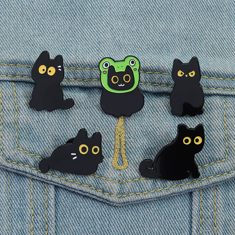 Cute Yellow-Eyed Cat Enamel Pin | Rainbow Heart Cartoon Metal Brooch | Apparel & Gift Accessories Wholesale
