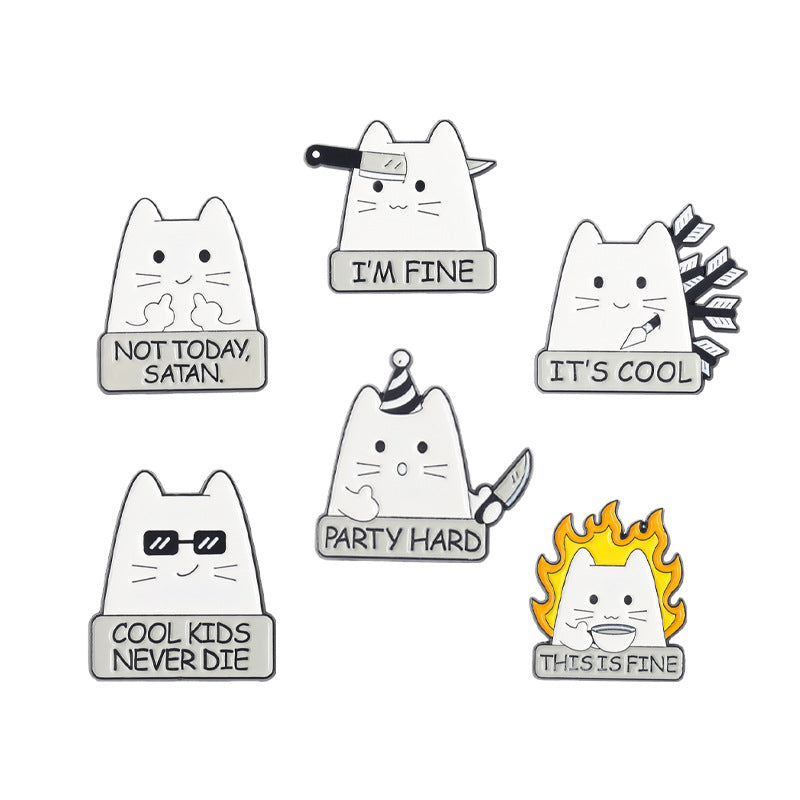 Funny Cute White Cat Enamel Pin | Arrow-Struck & Knife-Holding Cartoon Metal Brooch | Apparel & Bag Accessories Wholesale