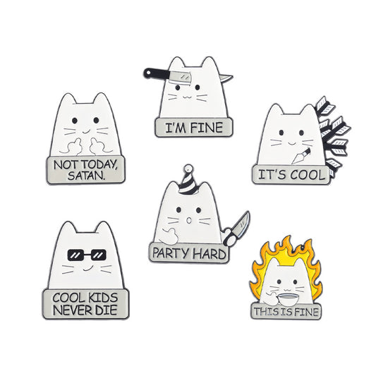 Funny Cute White Cat Enamel Pin | Arrow-Struck & Knife-Holding Cartoon Metal Brooch | Apparel & Bag Accessories Wholesale