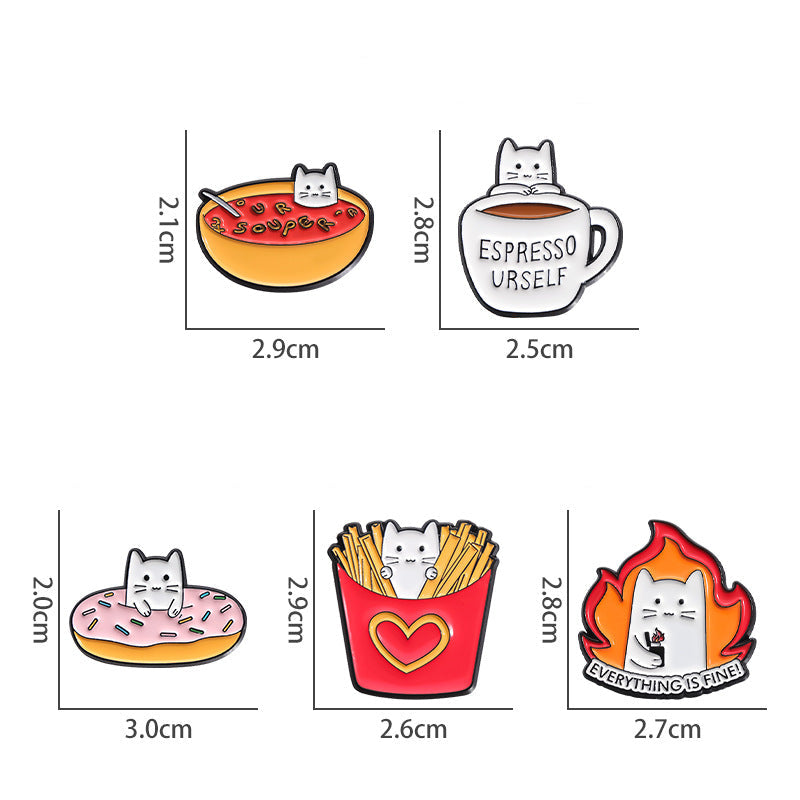 Cute White Cat Animal Enamel Pin | Cat Food Design with Fries & Donut