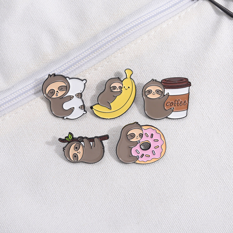 Cute Animal Sloth Enamel Pin | New Cross-Border Collection | Fruit, Banana, Coffee & Donut Metal Badg