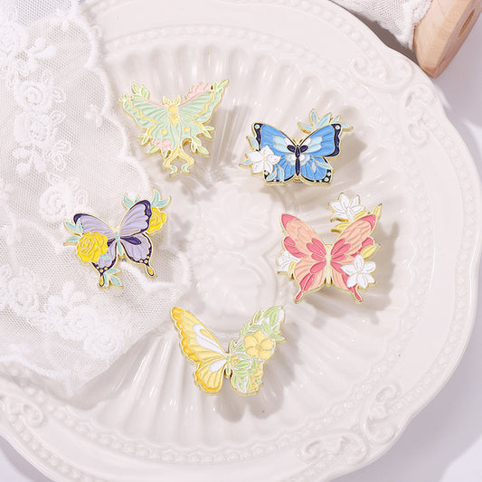 Creative Floral Glazed Lily & Colorful Butterfly Enamel Pin Set | Artistic Metal Brooch Collection | Apparel & Scarf Accessories Wholesale