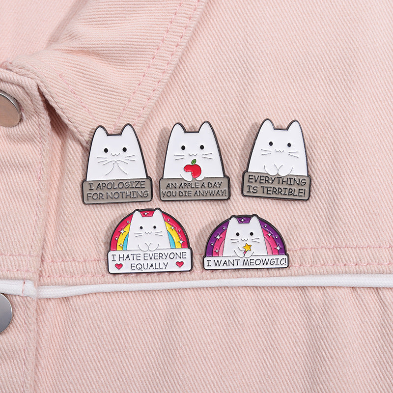 Cute Funny Cat Holding Knife Enamel Pin | Rainbow Heart Cartoon Metal Brooch | Apparel & Gift Accessories Wholesale