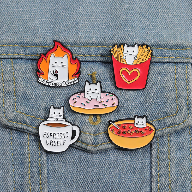 Cute White Cat Animal Enamel Pin | Cat Food Design with Fries & Donut