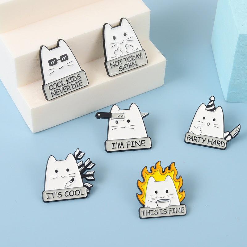 Funny Cute White Cat Enamel Pin | Arrow-Struck & Knife-Holding Cartoon Metal Brooch | Apparel & Bag Accessories Wholesale