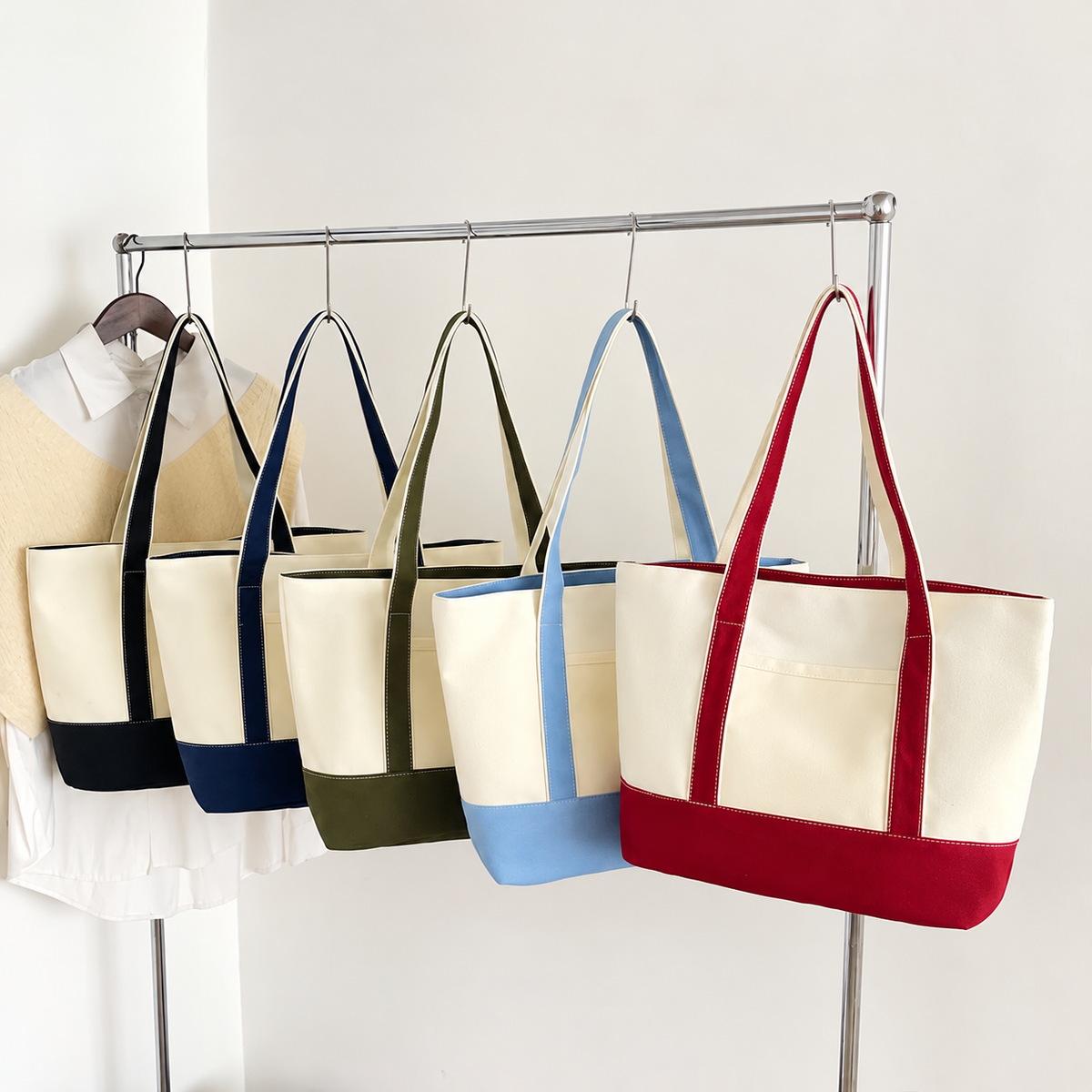 Custom Logo Color Block Mini Canvas Tote Bag with Zipper, Inner Outer Pockets, Contrast Handles