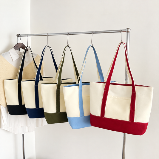Custom Logo Color Block Mini Canvas Tote Bag with Zipper, Inner Outer Pockets, Contrast Handles
