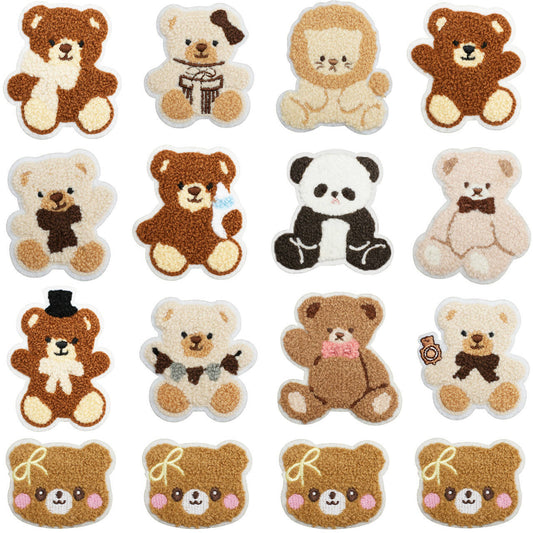 16pcs Iron-On Chenille Patch Set | Cute Teddy Bear, Panda and Lion Designs